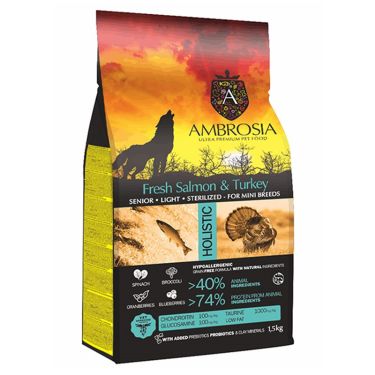 Ambrosia Grain Free Adult Mini Senior Light Sterilised Fresh Salmon & Turkey 